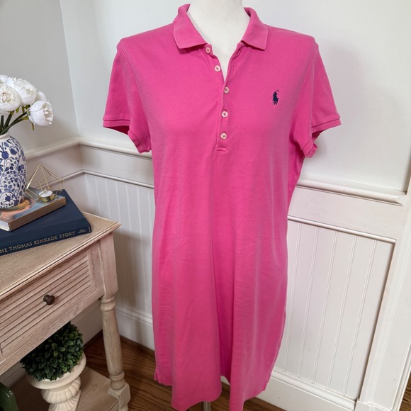 Ralph Lauren Dresses & Skirts - Ralph Lauren Pink Cotton Pique Polo Shirt Dress XL Navy Blue Pony Logo Short Slv